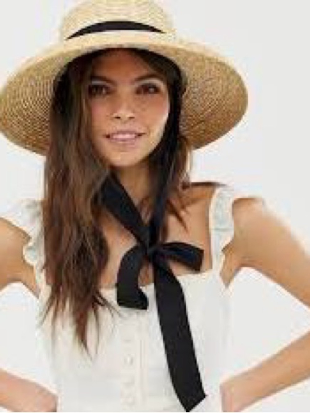 NWOT Straw Wide Brim Adjustable Boater Hat with Black Ribbon Band & Chin Tie.